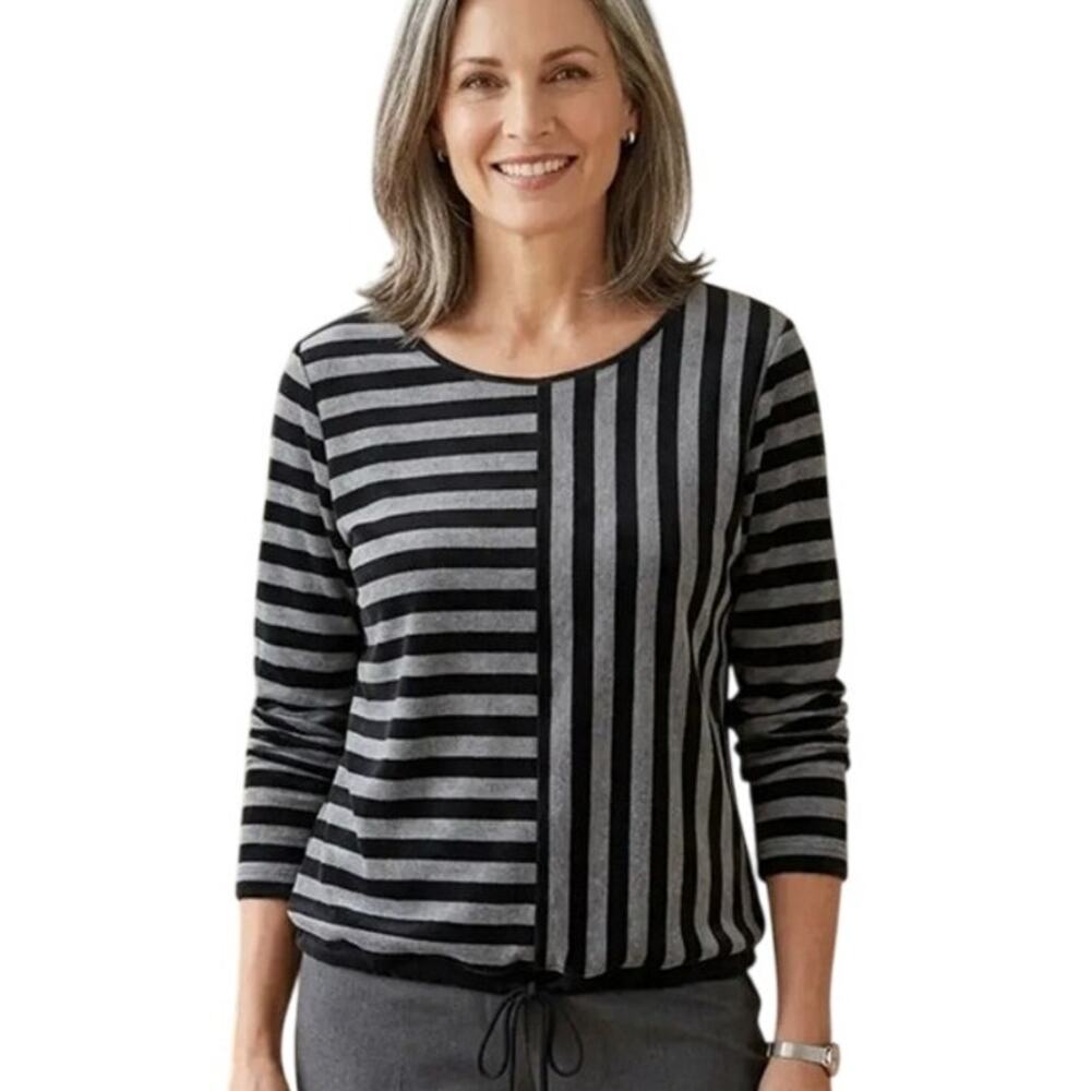 Chicos Zenergy Mixed Stripe Pullover Womens Medium Black Gray Velour Sweatshirt